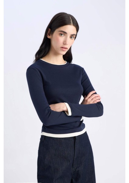 Slim Fit Dar Kesim Bisiklet Yaka Ribana Uzun Kollu Tişört E6548AX25SP