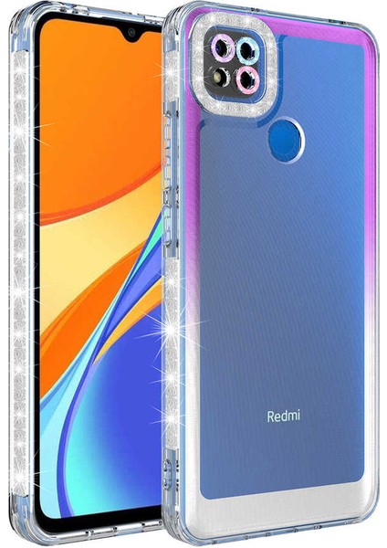 Xiaomi Redmi 9c Kılıf Simli ve Renk Geçiş Tasarımlı Lens Korumalı Joec Park Kapak-Mor-Beyaz
