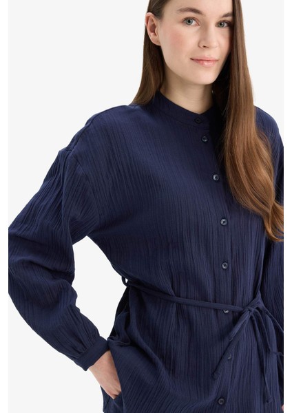 Relax Fit Basic Düz Bağcıklı Müslin Uzun Kollu Tesettür Gömlek Tunik E1107AX25SP