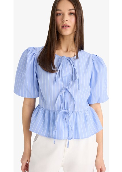 Regular Fit Bisiklet Yaka Çizgili Önden Bağlamalı Poplin Kısa Kollu Bluz E2670AX25SP