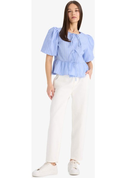 Regular Fit Bisiklet Yaka Çizgili Önden Bağlamalı Poplin Kısa Kollu Bluz E2670AX25SP fiyatları