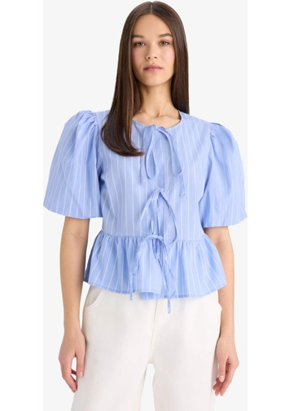 Regular Fit Bisiklet Yaka Çizgili Önden Bağlamalı Poplin Kısa Kollu Bluz E2670AX25SP modelleri