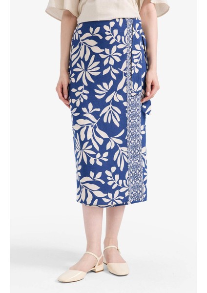 Regular Fit Çiçek Desenli Keten Karışımlı Midi Etek E7337AX25SM