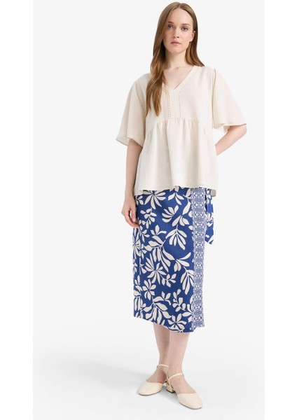 Regular Fit Çiçek Desenli Keten Karışımlı Midi Etek E7337AX25SM fırsatları