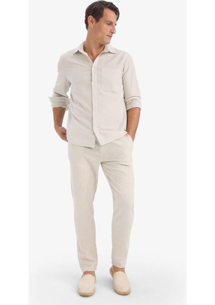 %100 Pamuk Keten Görünümlü Pantolon Beli Lastikli Slim Fit Dar Kesim Cepli Düz Paça D2671AX25SM modelleri