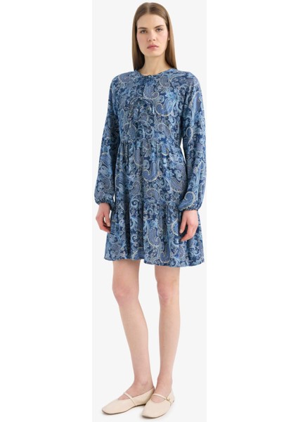 Bisiklet Yaka Desenli Uzun Kollu Mini Elbise E6612AX25SP