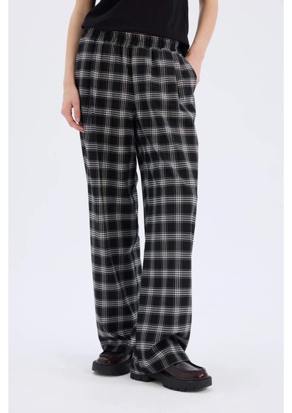 Wide Leg Kumaş Pijama Pantolon Geniş Bol Paça Kareli Normal Bel Lastikli Cepli D9548AX25SP
