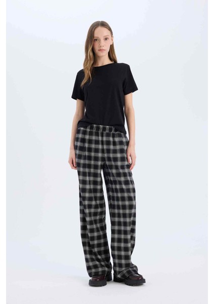 Wide Leg Kumaş Pijama Pantolon Geniş Bol Paça Kareli Normal Bel Lastikli Cepli D9548AX25SP