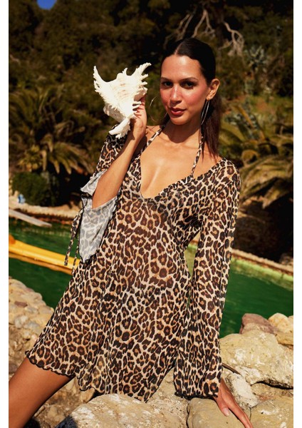Regular Fit Leopar Desenli Tül Plaj Elbisesi-Fall in Love C5800AX25SP