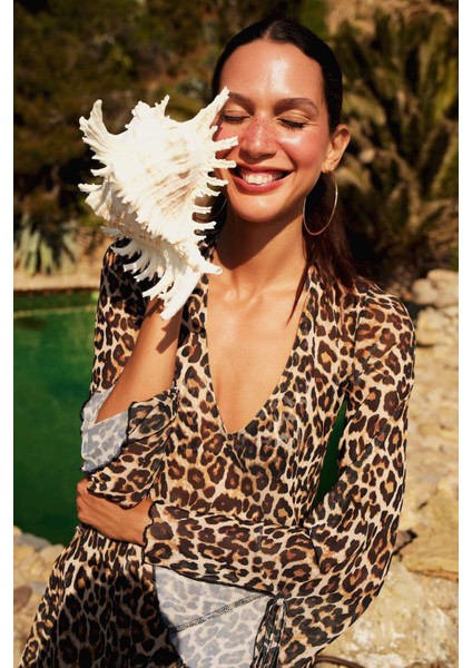 Regular Fit Leopar Desenli Tül Plaj Elbisesi-Fall in Love C5800AX25SP fiyatları