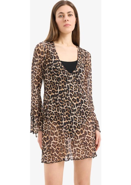 Regular Fit Leopar Desenli Tül Plaj Elbisesi-Fall in Love C5800AX25SP fırsatları