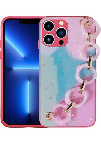 iPhone 13 Pro Max Uyumlu Simli Desenli El Askılı Tutacaklı Joec Elsa Silikon Kapak-Pembe Koyu