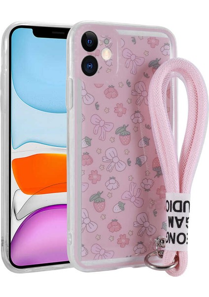 iPhone 11 Uyumlu Desenli El Askılı Ipli Joec Astana Silikon Kapak-Çilek