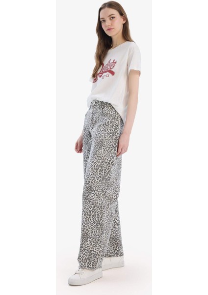 Baggy Fit Gabardin Pantolon Yüksek Bel Leopar Desenli Standart Boy D8149AX25SP fırsatları