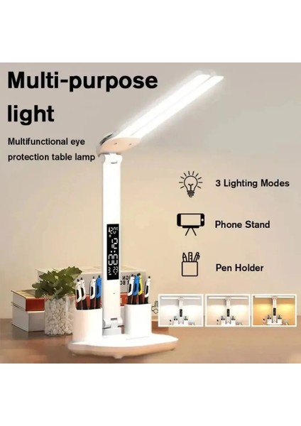 Fonksiyonel Şarjlı LED Masa Lambası,saat,termometre,takvim,kalemlik,telefon Tutucu,5in1