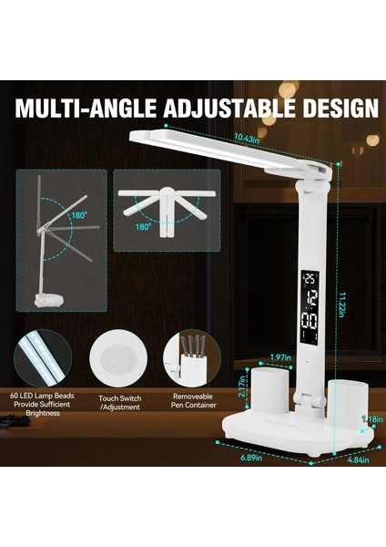 Fonksiyonel Şarjlı LED Masa Lambası,saat,termometre,takvim,kalemlik,telefon Tutucu,5in1