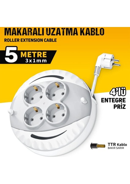 5 Metre Makaralı 4'lü Grup Priz, Ttr Bakır Sarım Uzatma Kablo, Dörtlü Çoklu Priz, 5 Metre 3X1MM Kablo, 3000 Watt fiyatları