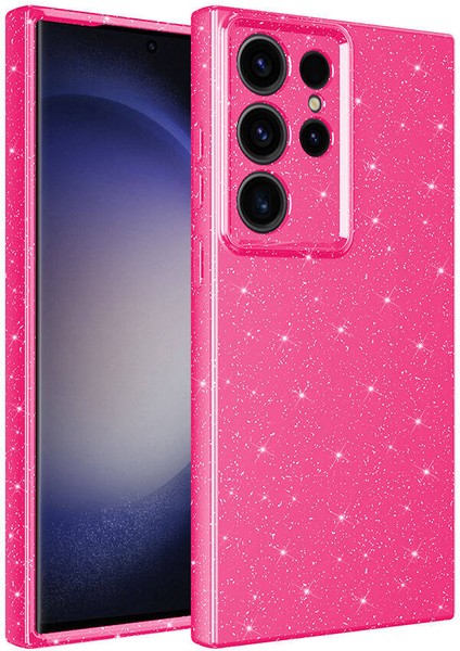 Galaxy S24 Ultra Kılıf Kamera Korumalı Simli Lüks Joec Koton Kapak-Pembe Koyu
