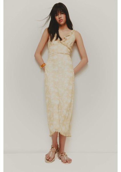 Bodycon Vücudu Saran Desenli Tül Askılı Midi Elbise E6809AX25SP