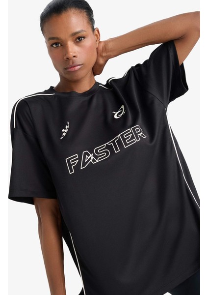 fit Oversize Geniş Kalıp Bisiklet Yaka Slogan Baskılı Sporcu Kısa Kollu TIŞÖRT D9033AX25SP