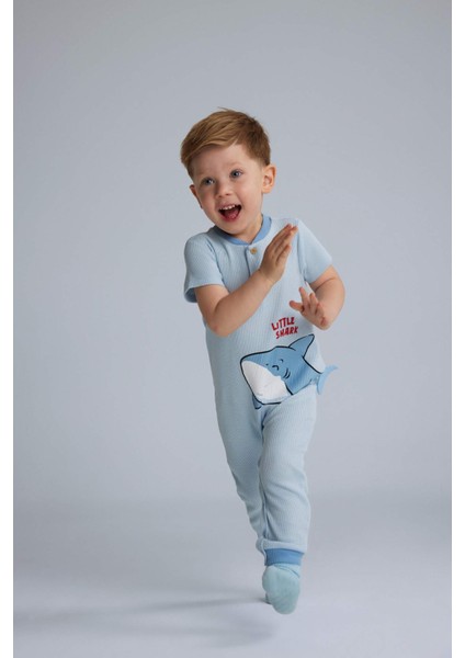 Erkek Bebek Yenidoğan Köpek Balığı Baskılı Kısa Kollu Waffle Tulum E7939A525SM