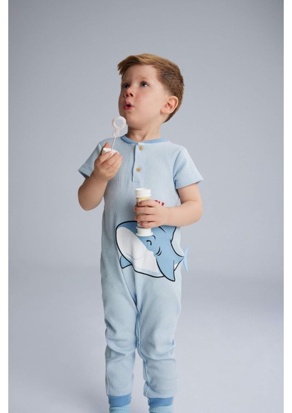 Erkek Bebek Yenidoğan Köpek Balığı Baskılı Kısa Kollu Waffle Tulum E7939A525SM fiyatları