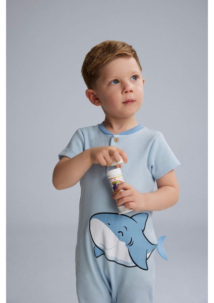 Erkek Bebek Yenidoğan Köpek Balığı Baskılı Kısa Kollu Waffle Tulum E7939A525SM modelleri