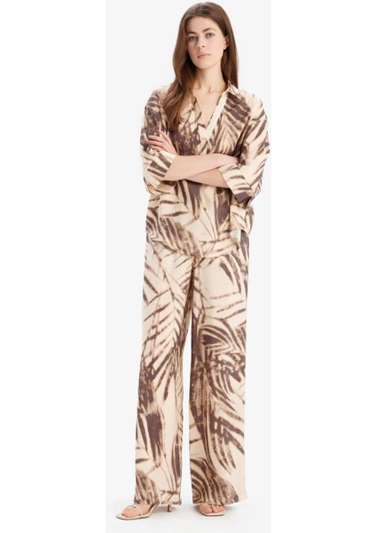 Wide Leg Desenli Modal Kumaş Palazzo Pantolon Yüksek Bel Düz Geniş Paça E8599AX25SM