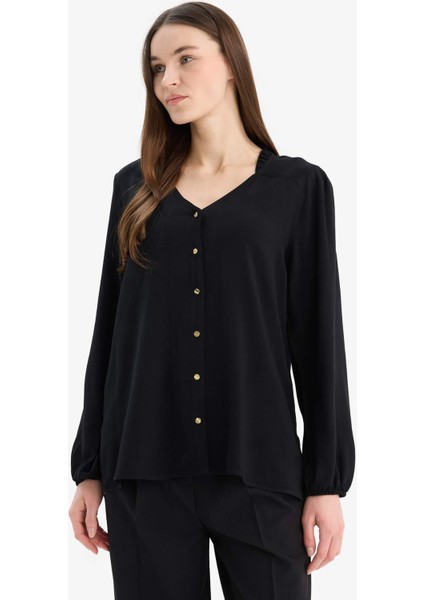 Regular Fit Apaş Yaka Basic Düz Düğmeli Uzun Kollu Gömlek D1074AX25SP