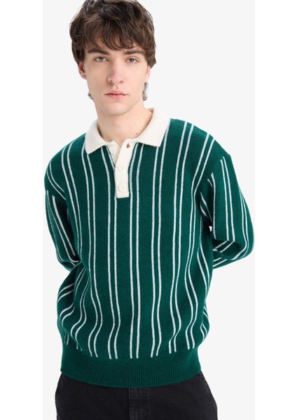 Relax Fit Polo Yaka Çizgili Triko Kazak E8400AX24WN