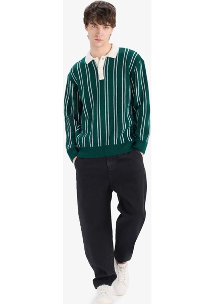 Relax Fit Polo Yaka Çizgili Triko Kazak E8400AX24WN fiyatları