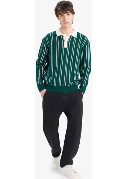 Relax Fit Polo Yaka Çizgili Triko Kazak E8400AX24WN fırsatları