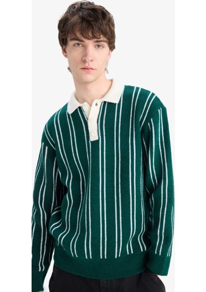 Relax Fit Polo Yaka Çizgili Triko Kazak E8400AX24WN indirimleri