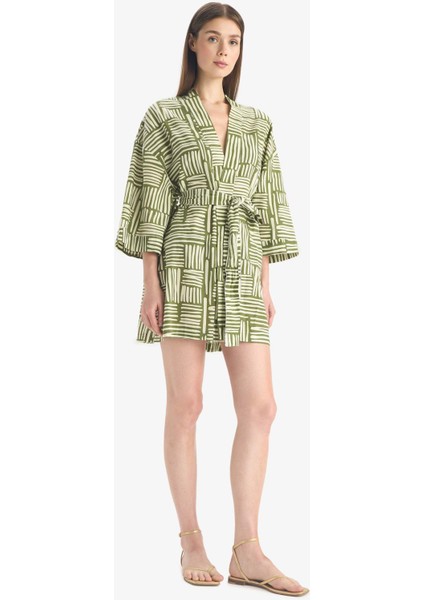 Regular Fit Desenli Kuşaklı Pamuklu Kimono-Fall in Love D0453AX25SP fırsatları