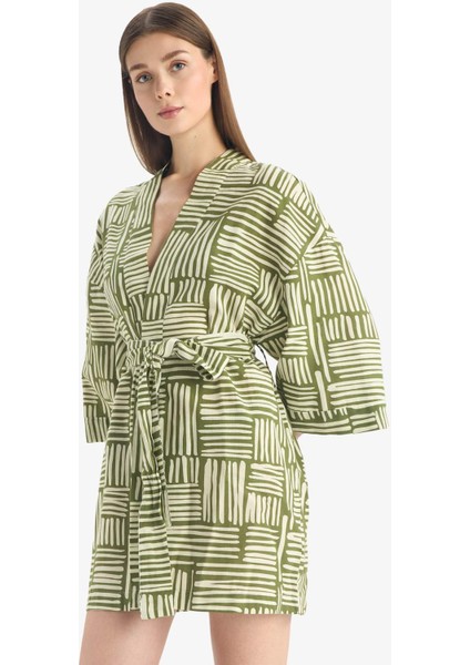 Regular Fit Desenli Kuşaklı Pamuklu Kimono-Fall in Love D0453AX25SP indirimleri