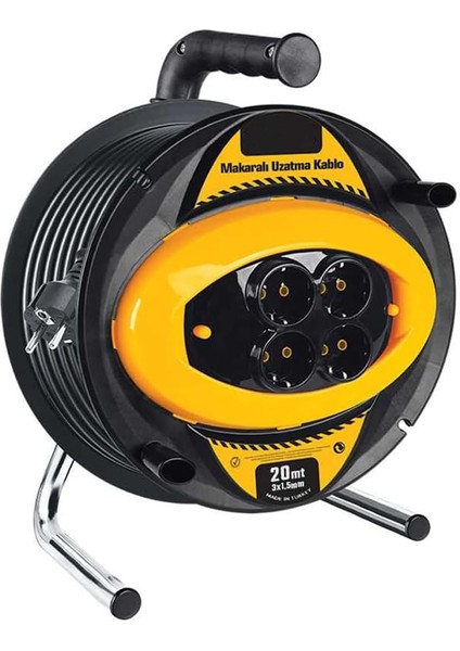 3x1,5mm 20 Metre Makaralı 4'lü Priz, Uzatma Kablo Grup Priz, Metal Ayaklı, Dörtlü Entegre Topraklı Monofaze Priz, Dayanıklı Gövde, Güçlü Metal Ayak