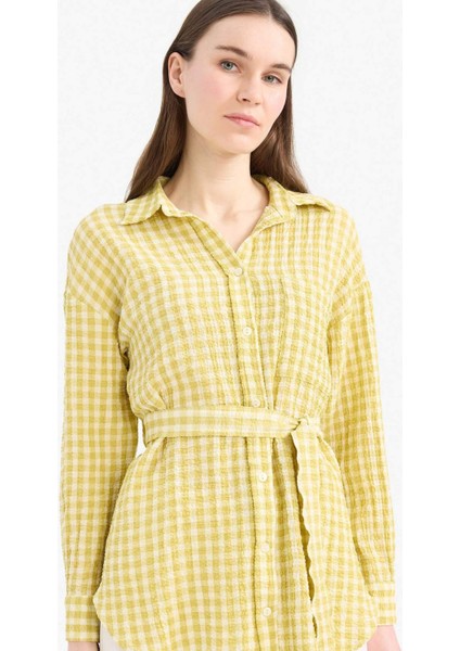Relax Fit Pötikareli Gofre Dokulu Kuşaklı Uzun Kollu Tesettür Gömlek Tunik E4558AX25SM