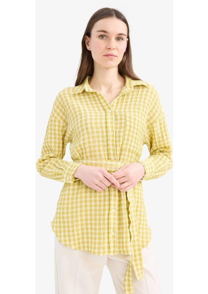 Relax Fit Pötikareli Gofre Dokulu Kuşaklı Uzun Kollu Tesettür Gömlek Tunik E4558AX25SM