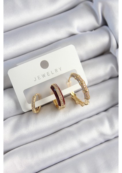 Pirinç Zirkon Taşlı Bordo Halka Model Gold Renk 3'lü Çift Kadın Küpe Set