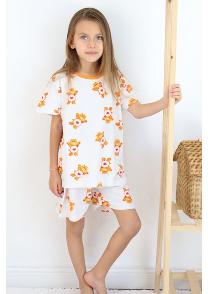 Kız Çocuk Şortlu Pijama Takımı Kalpli Bebek Ayıcık Desenli 4-8 Yaş, Beyaz