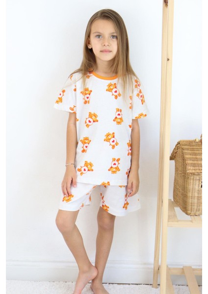 Kız Çocuk Şortlu Pijama Takımı Kalpli Bebek Ayıcık Desenli 4-8 Yaş, Beyaz