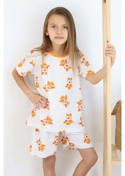 Kız Çocuk Şortlu Pijama Takımı Kalpli Bebek Ayıcık Desenli 4-8 Yaş, Beyaz
