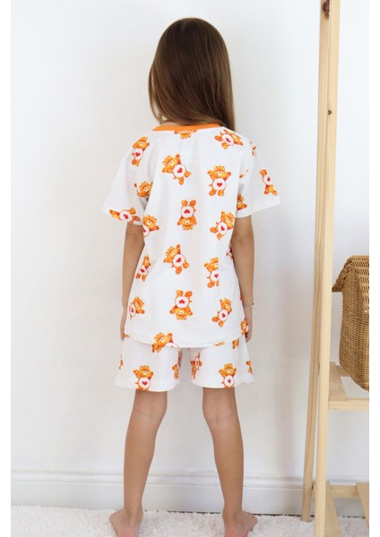 Kız Çocuk Şortlu Pijama Takımı Kalpli Bebek Ayıcık Desenli 4-8 Yaş, Beyaz