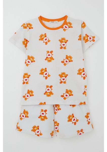 Kız Çocuk Şortlu Pijama Takımı Kalpli Bebek Ayıcık Desenli 4-8 Yaş, Beyaz