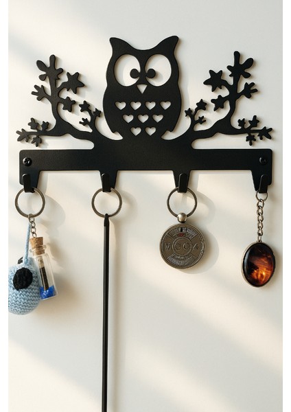 Baykuş Figürlü 4 Kancalı Metal Anahtar Askılığı, Yapışkanlı Duvara Monte Askı