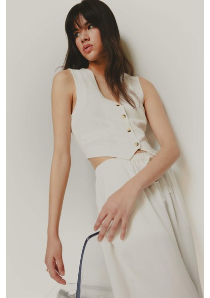 V Yaka Keten Karışımlı Beyaz Blazer Yelek E9757AX25SP