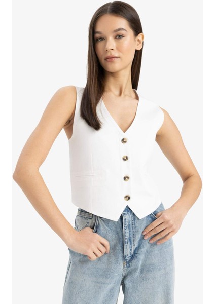 V Yaka Keten Karışımlı Beyaz Blazer Yelek E9757AX25SP indirimleri
