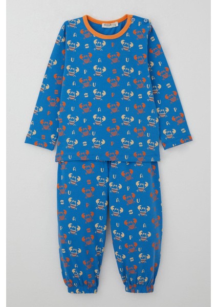 Erkek Çocuk Pijama Takımı Sevimli Yengeç Desenli 1-3 Yaş, Saks Mavisi