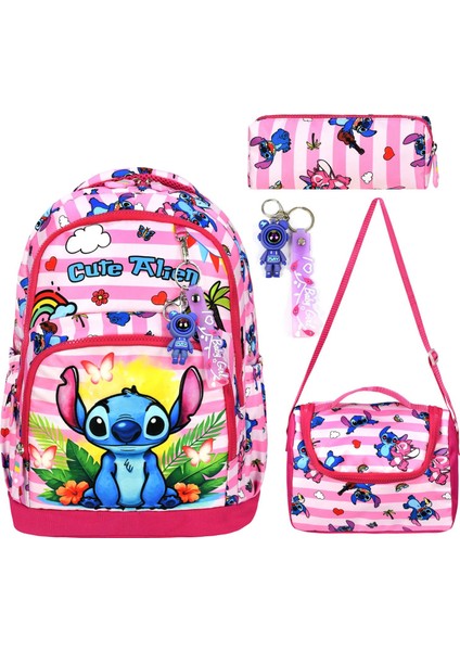 Stitch Pembe Karakterli Üçlü Kız Çocuk Ilkokul Okul Çantası Stiç (Çanta Termal Beslenme Kalemlik)