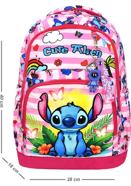 Stitch Pembe Karakterli Üçlü Kız Çocuk Ilkokul Okul Çantası Stiç (Çanta Termal Beslenme Kalemlik) indirimleri